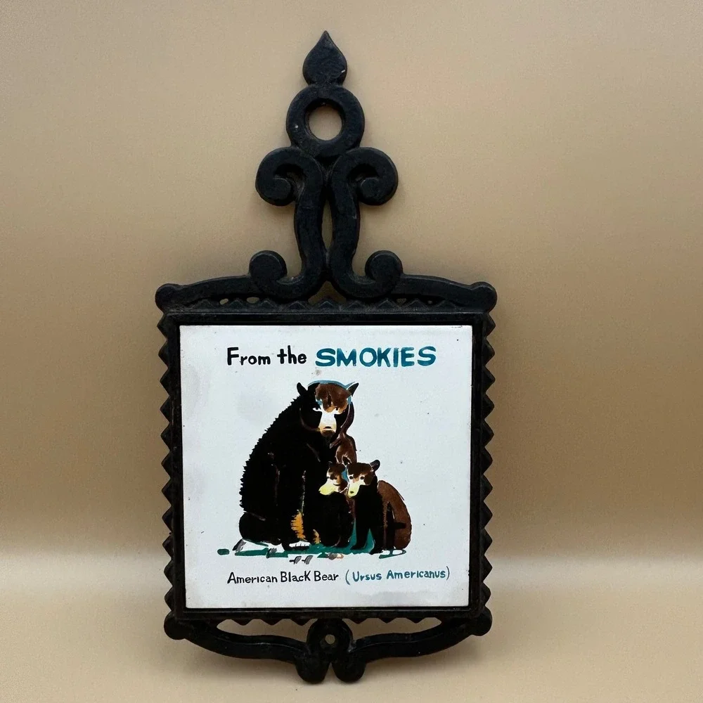 Vintage Smokies American Black Bear Cast Iron Tile Trivet Japan F-7 Souvenir
